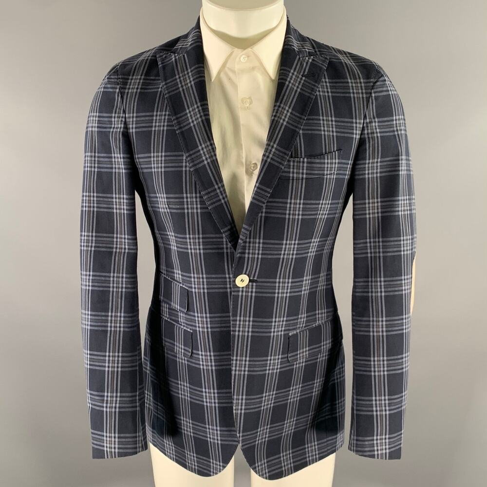 MICHAEL BASTIAN Size 36 Navy Blue Plaid Cotton Peak Lapel Sport Coat